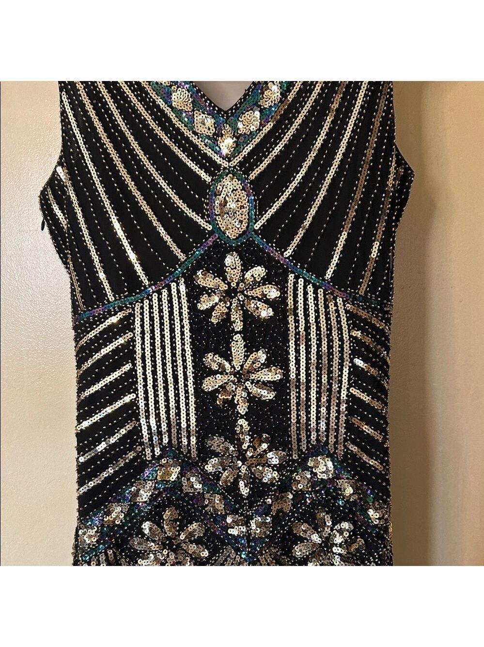 Black and Gold Beaded Fringe V-Neck Flapper Dress size M - Picture 9 of 12